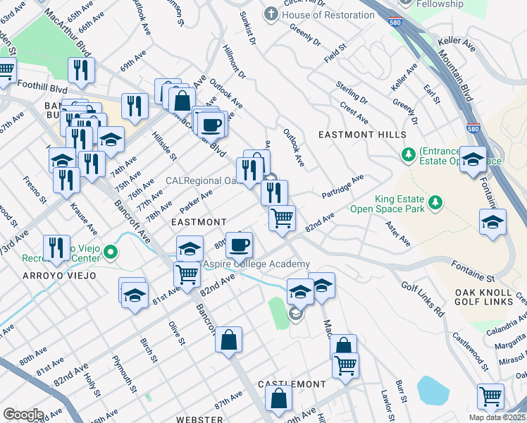 map of restaurants, bars, coffee shops, grocery stores, and more near 7975 MacArthur Boulevard in Oakland