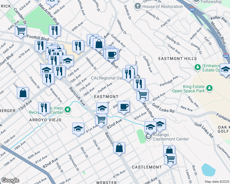 map of restaurants, bars, coffee shops, grocery stores, and more near 2714 79th Avenue in Oakland
