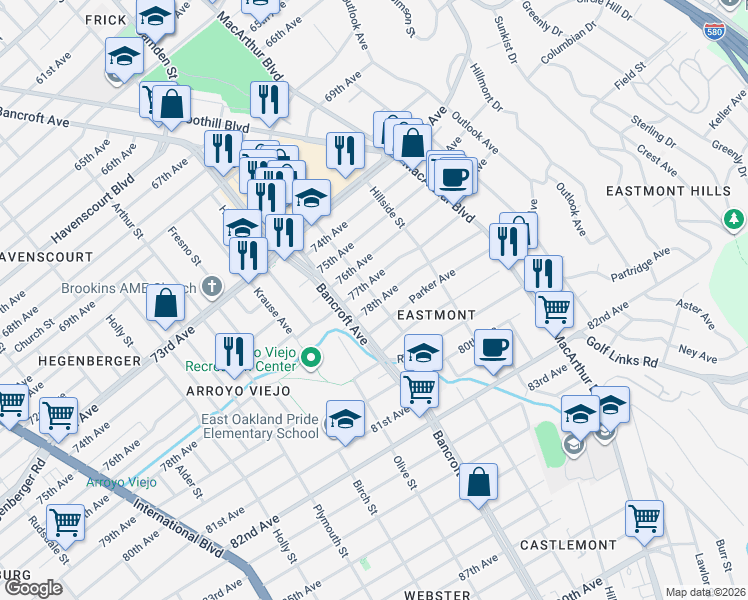 map of restaurants, bars, coffee shops, grocery stores, and more near 2527 78th Avenue in Oakland
