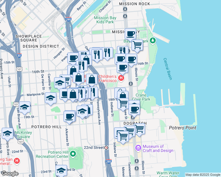 map of restaurants, bars, coffee shops, grocery stores, and more near Mariposa Street & Indiana Street in San Francisco