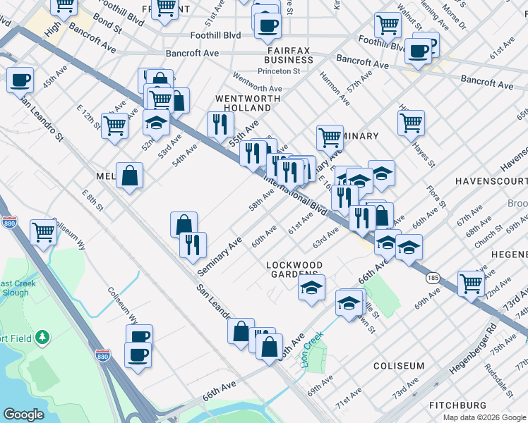 map of restaurants, bars, coffee shops, grocery stores, and more near 5823 Eastlawn Street in Oakland