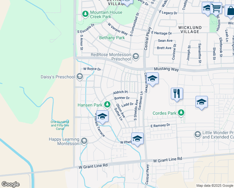 map of restaurants, bars, coffee shops, grocery stores, and more near 276 Aldrich Place in Tracy