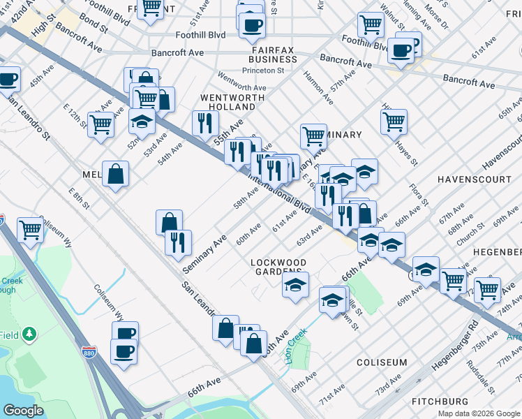 map of restaurants, bars, coffee shops, grocery stores, and more near 1314 Seminary Avenue in Oakland