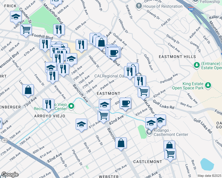 map of restaurants, bars, coffee shops, grocery stores, and more near 2693 79th Avenue in Oakland