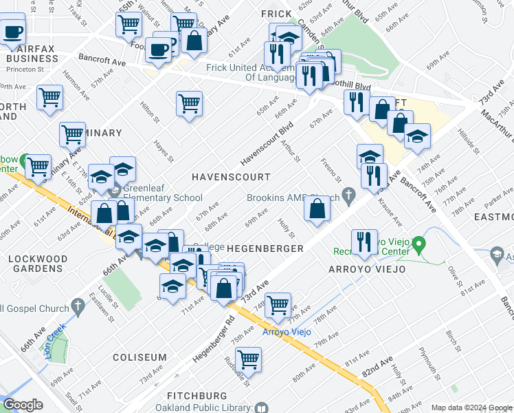 map of restaurants, bars, coffee shops, grocery stores, and more near 1842 Church St in Oakland