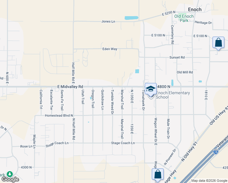 map of restaurants, bars, coffee shops, grocery stores, and more near 4752 North Tumbleweed Drive in Enoch