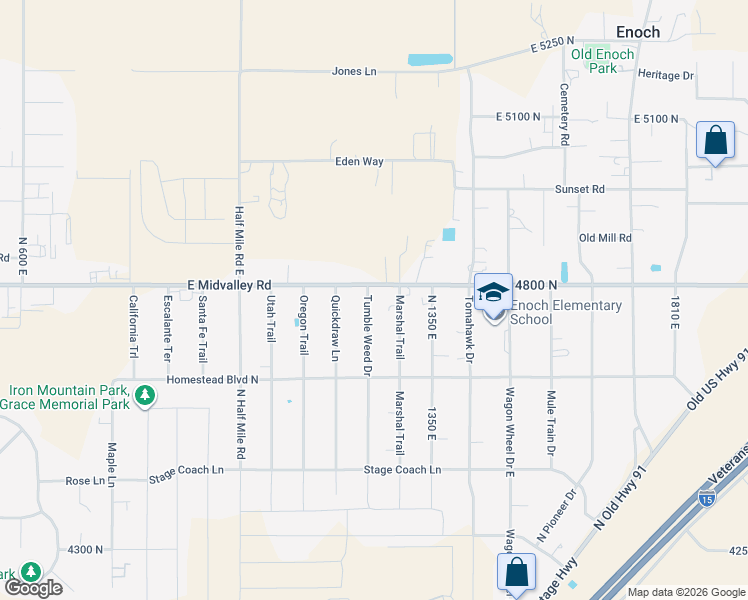 map of restaurants, bars, coffee shops, grocery stores, and more near 1050 East Midvalley Road in Enoch