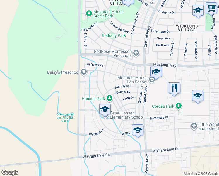 map of restaurants, bars, coffee shops, grocery stores, and more near 371 Aldrich Place in Tracy