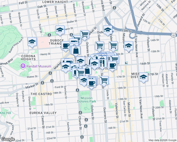map of restaurants, bars, coffee shops, grocery stores, and more near 320 Dolores St in San Francisco