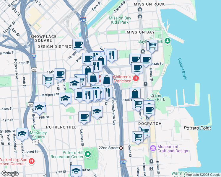map of restaurants, bars, coffee shops, grocery stores, and more near 1000 Mariposa Street in San Francisco