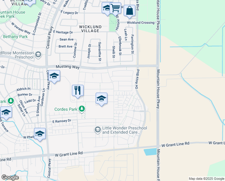 map of restaurants, bars, coffee shops, grocery stores, and more near 1056 South Prosperity Street in Mountain House