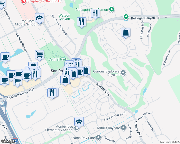 map of restaurants, bars, coffee shops, grocery stores, and more near 600 Canyon Woods Court in San Ramon