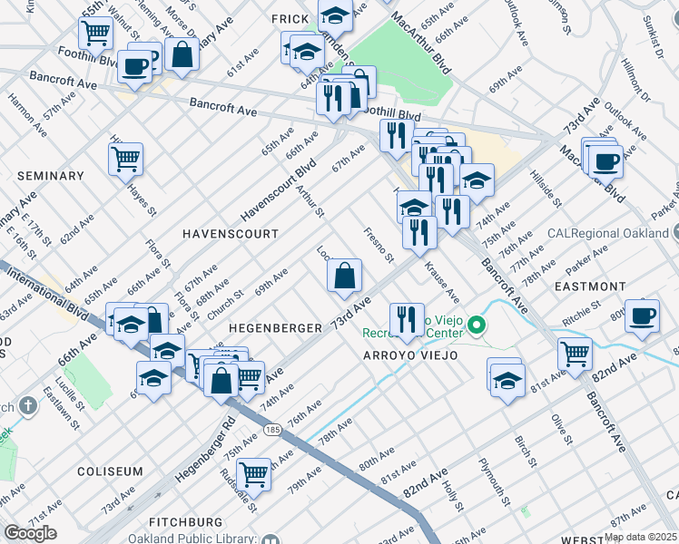 map of restaurants, bars, coffee shops, grocery stores, and more near 7027 Lockwood Street in Oakland