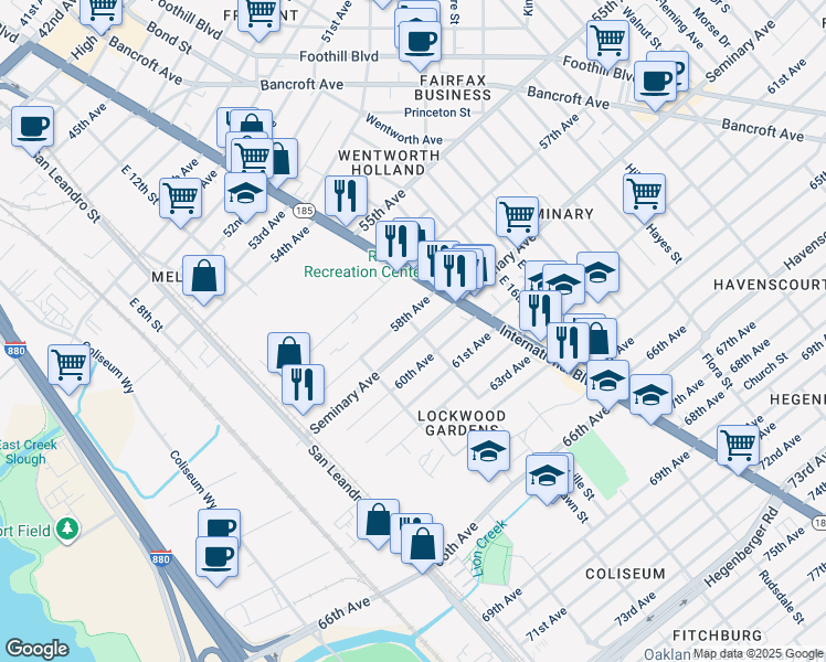 map of restaurants, bars, coffee shops, grocery stores, and more near 1262 58th Avenue in Oakland
