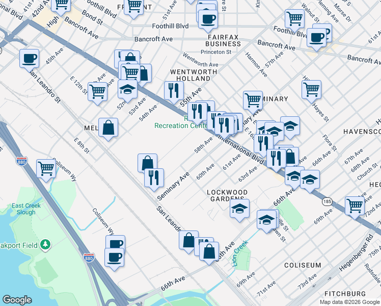 map of restaurants, bars, coffee shops, grocery stores, and more near 1262 58th Avenue in Oakland