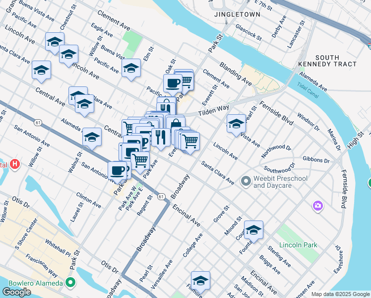 map of restaurants, bars, coffee shops, grocery stores, and more near 2514 Santa Clara Avenue in Alameda