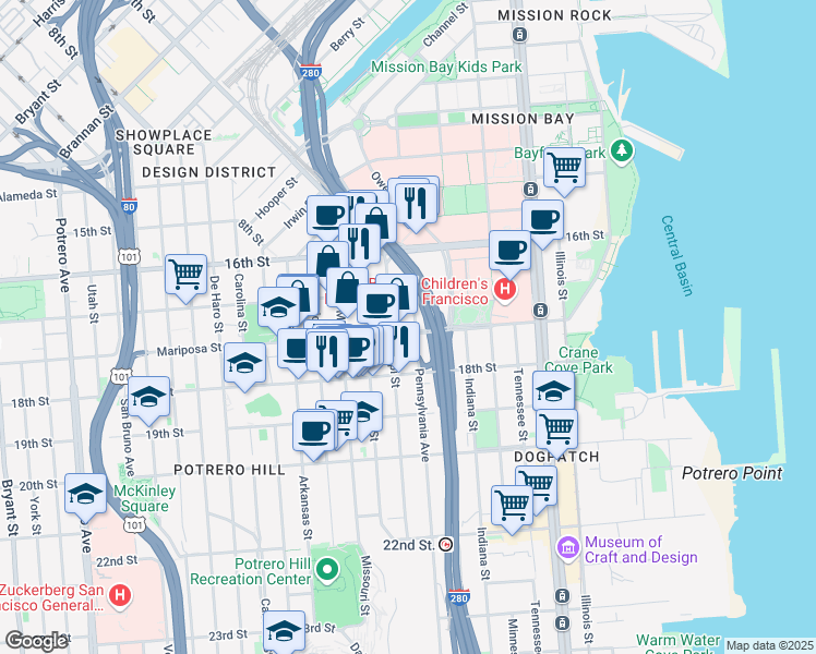map of restaurants, bars, coffee shops, grocery stores, and more near 1000 Mariposa Street in San Francisco