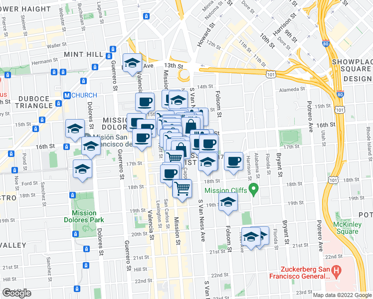 map of restaurants, bars, coffee shops, grocery stores, and more near in San Francisco