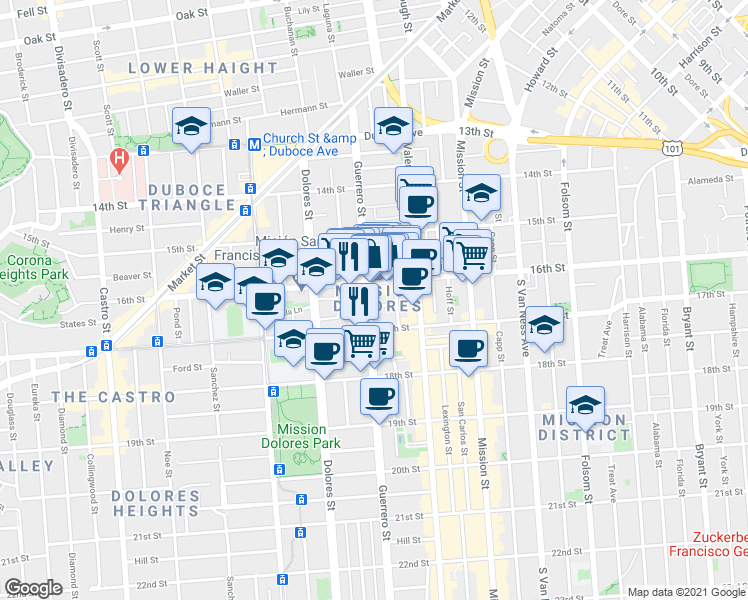 map of restaurants, bars, coffee shops, grocery stores, and more near 60 Camp Street in San Francisco