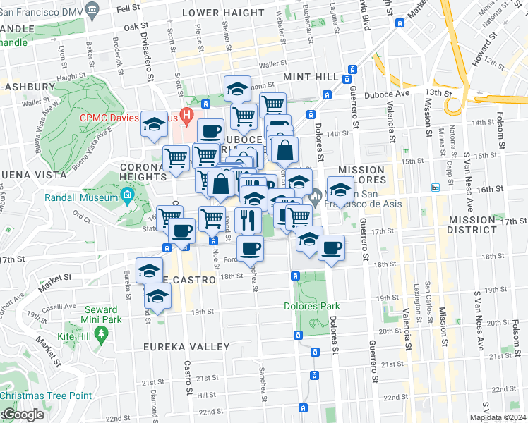 map of restaurants, bars, coffee shops, grocery stores, and more near 9 Dehon Street in San Francisco