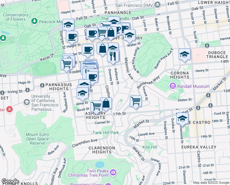 map of restaurants, bars, coffee shops, grocery stores, and more near 1035 Ashbury Street in San Francisco