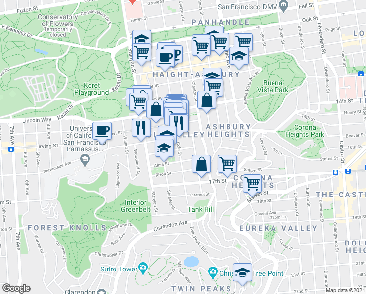 map of restaurants, bars, coffee shops, grocery stores, and more near 83 Grattan Street in San Francisco