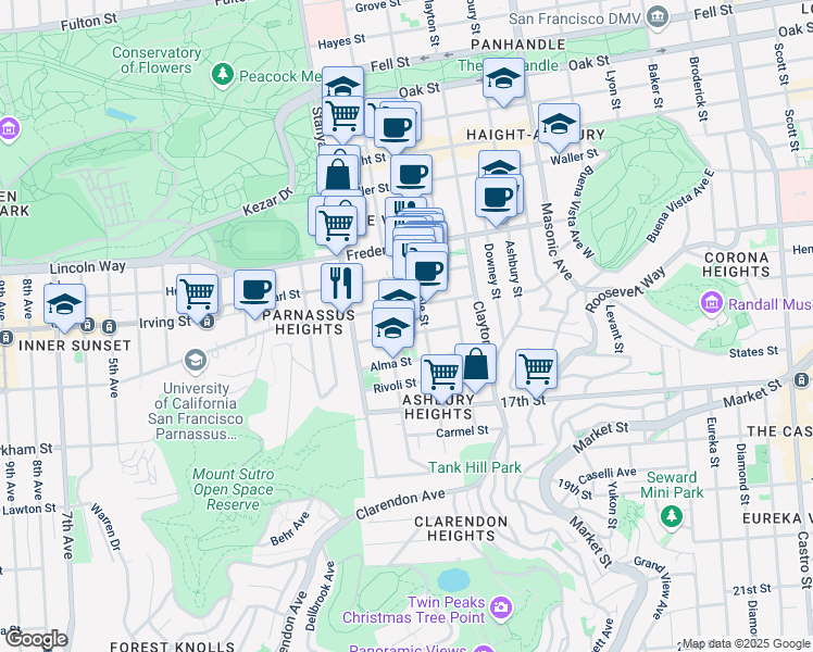 map of restaurants, bars, coffee shops, grocery stores, and more near 180 Grattan Street in San Francisco