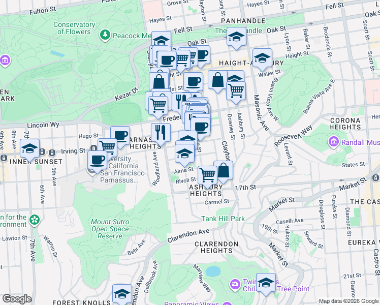 map of restaurants, bars, coffee shops, grocery stores, and more near 180 Grattan Street in San Francisco
