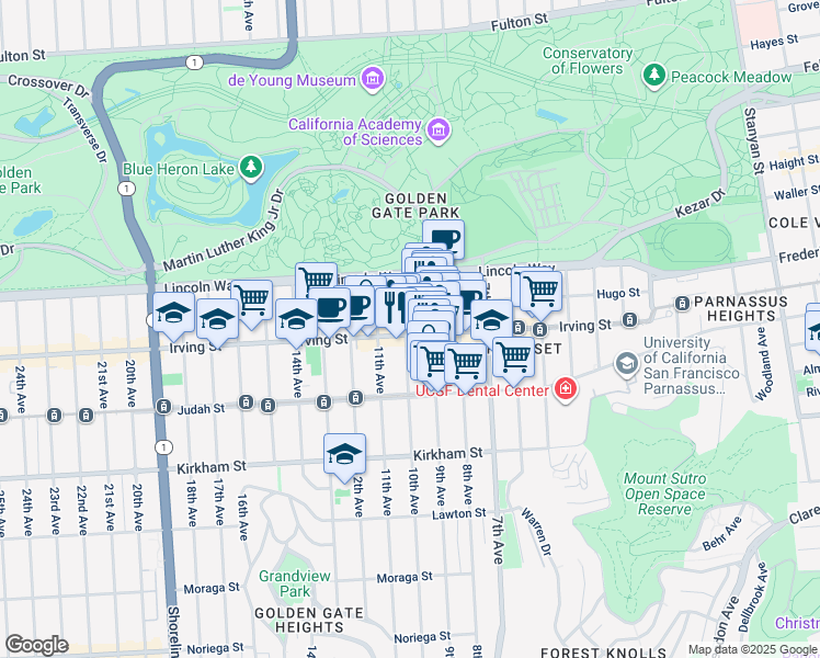 map of restaurants, bars, coffee shops, grocery stores, and more near 909A Irving Street in San Francisco