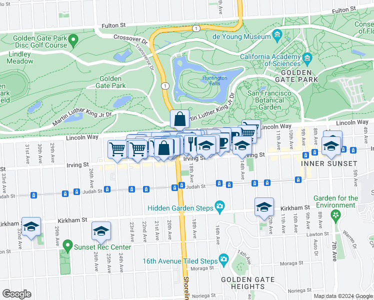 map of restaurants, bars, coffee shops, grocery stores, and more near 1279 18th Avenue in San Francisco