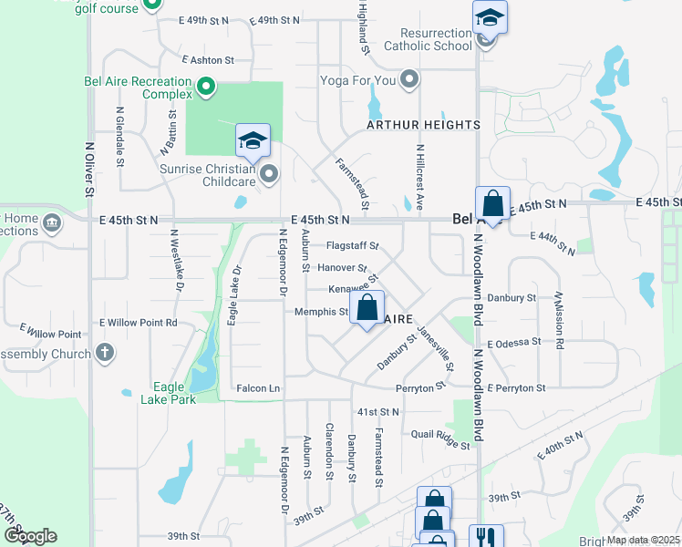 map of restaurants, bars, coffee shops, grocery stores, and more near 5800-5816 Kenawee Street in Bel Aire