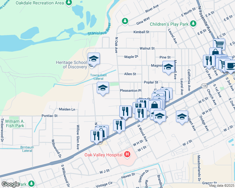 map of restaurants, bars, coffee shops, grocery stores, and more near 120 North Oak Avenue in Oakdale