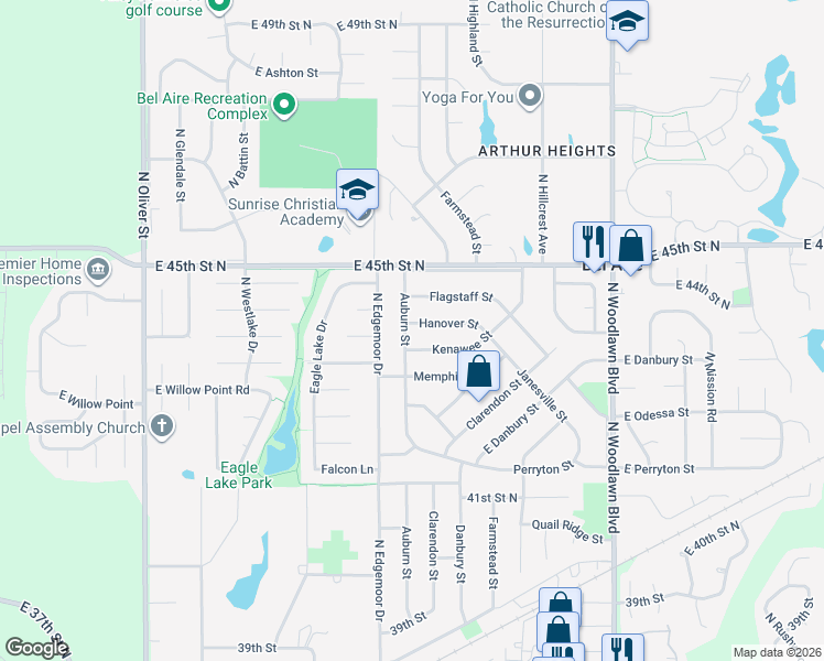map of restaurants, bars, coffee shops, grocery stores, and more near 4450 Auburn Street in Bel Aire