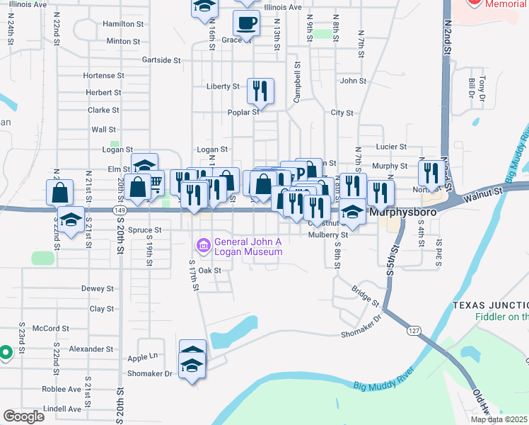 map of restaurants, bars, coffee shops, grocery stores, and more near 1329 Walnut Street in Murphysboro