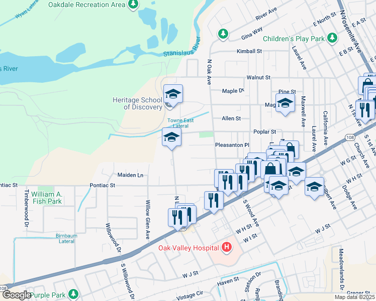 map of restaurants, bars, coffee shops, grocery stores, and more near 151 North Lee Avenue in Oakdale