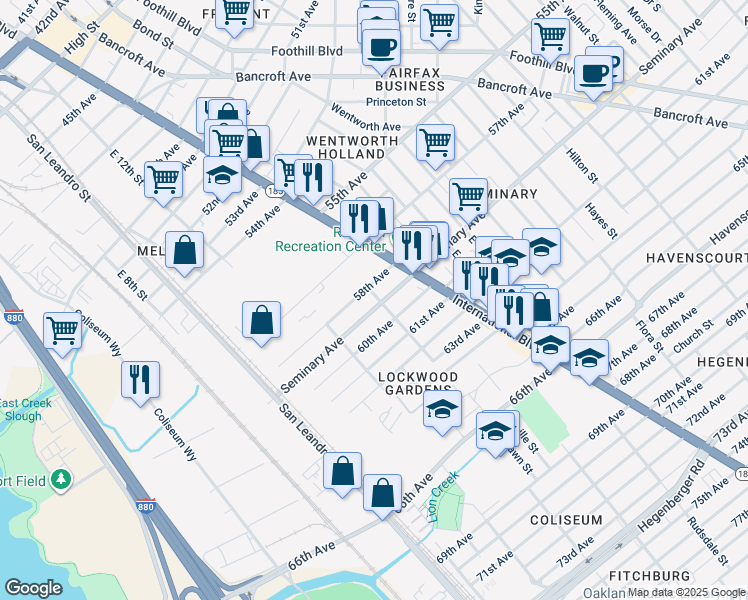 map of restaurants, bars, coffee shops, grocery stores, and more near 5823 Eastlawn Street in Oakland