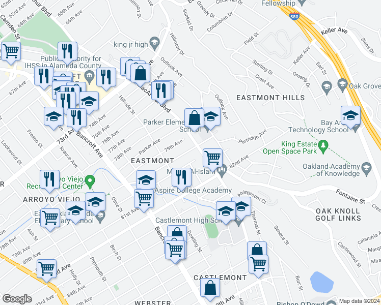 map of restaurants, bars, coffee shops, grocery stores, and more near 2766 Ritchie Street in Oakland