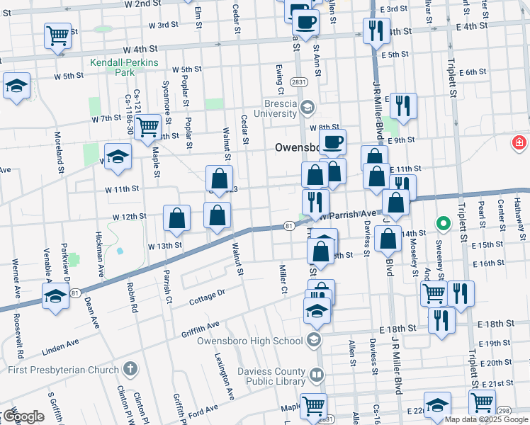 map of restaurants, bars, coffee shops, grocery stores, and more near 1206 Locust Street in Owensboro