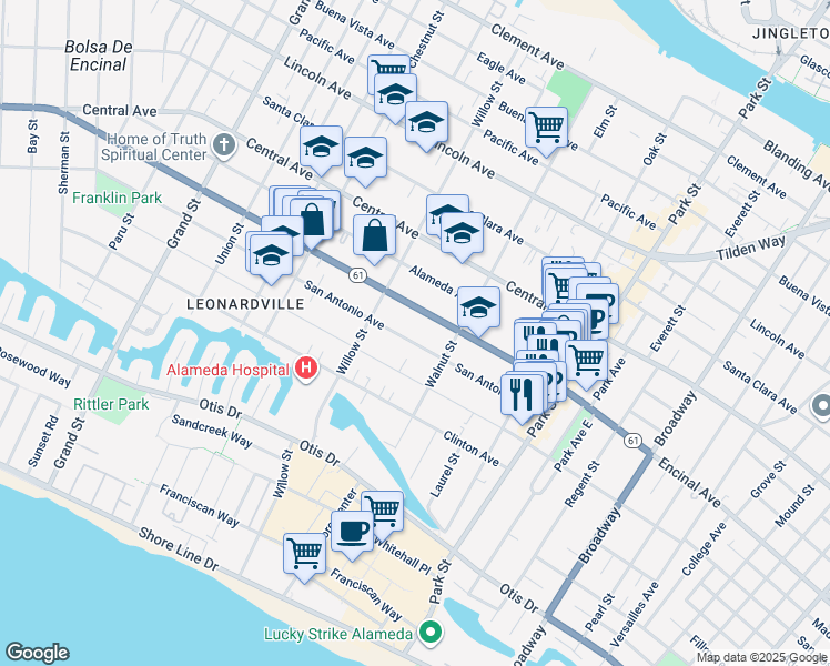 map of restaurants, bars, coffee shops, grocery stores, and more near 2137 San Antonio Avenue in Alameda