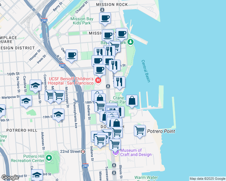 map of restaurants, bars, coffee shops, grocery stores, and more near 600 Illinois Street in San Francisco