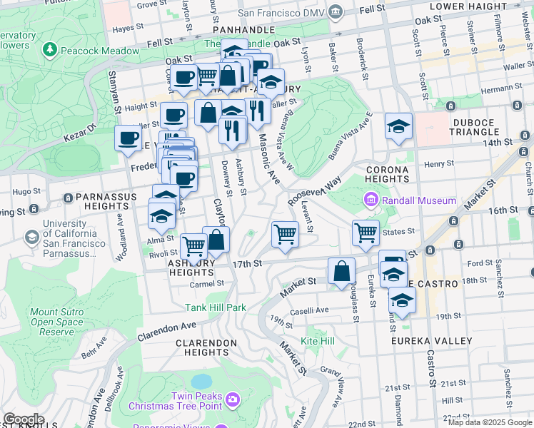 map of restaurants, bars, coffee shops, grocery stores, and more near 100 Clifford Terrace in San Francisco