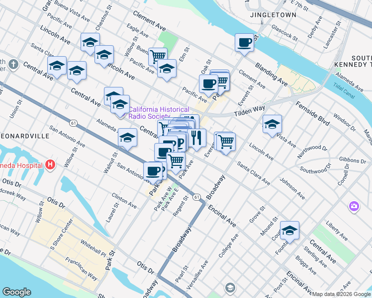 map of restaurants, bars, coffee shops, grocery stores, and more near 2404 Central Avenue in Alameda