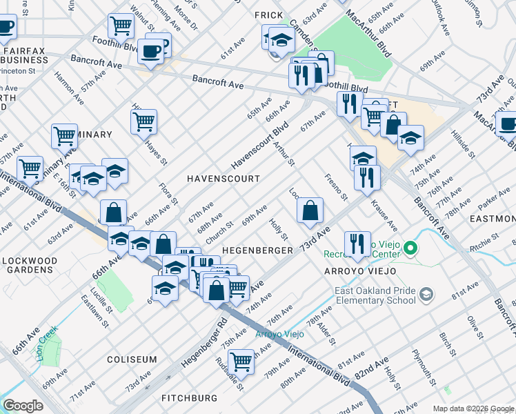 map of restaurants, bars, coffee shops, grocery stores, and more near 1827 69th Avenue in Oakland