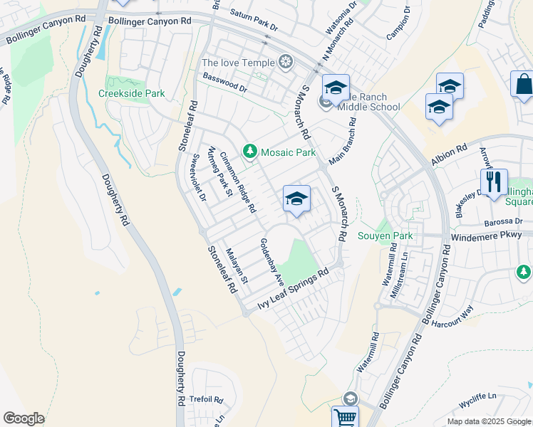 map of restaurants, bars, coffee shops, grocery stores, and more near 3454 Cinnamon Ridge Road in San Ramon