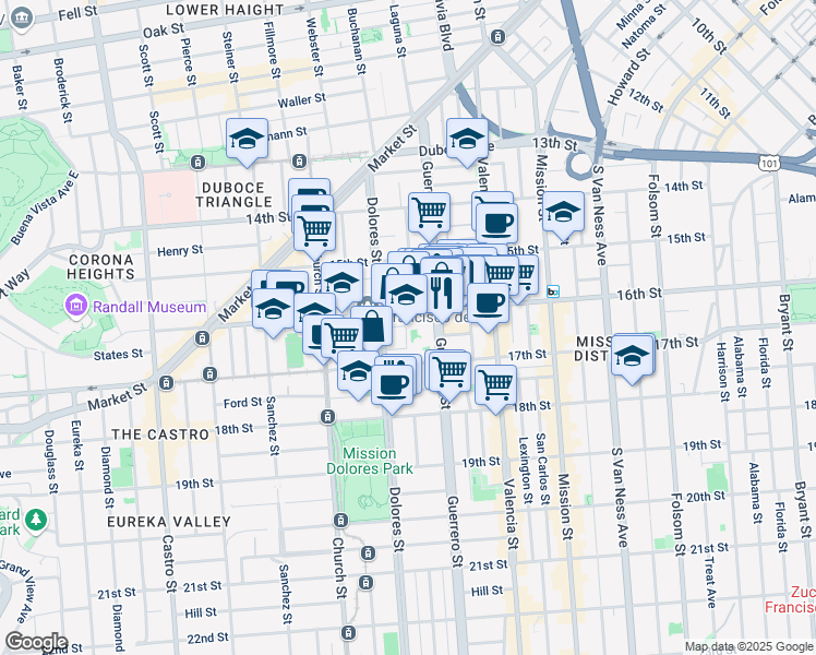 map of restaurants, bars, coffee shops, grocery stores, and more near 333 Dolores Street in San Francisco