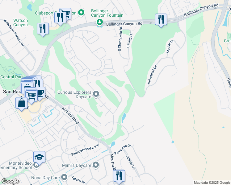 map of restaurants, bars, coffee shops, grocery stores, and more near 1291 Canyon Side Avenue in San Ramon