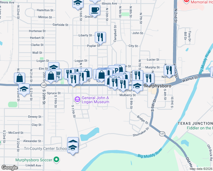 map of restaurants, bars, coffee shops, grocery stores, and more near 1301 Walnut St in Murphysboro