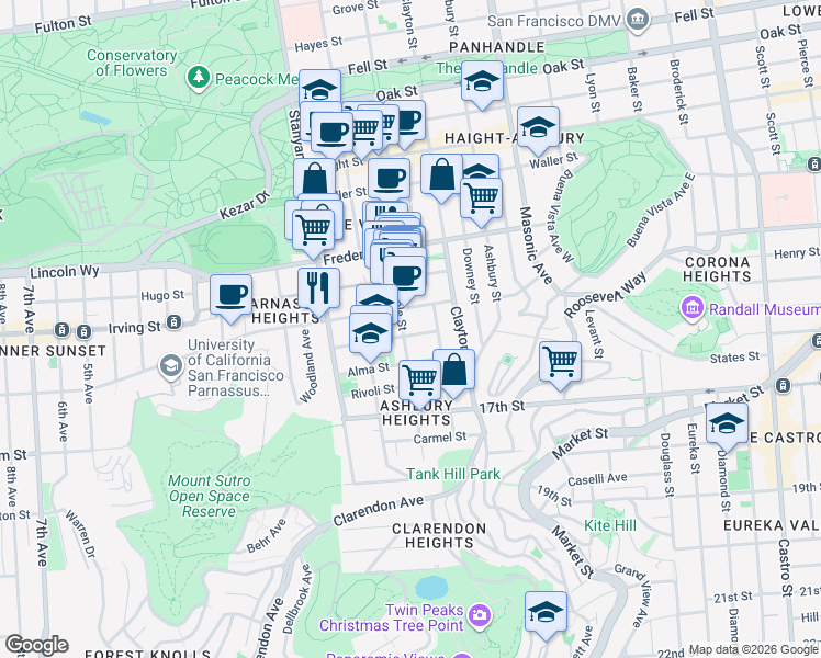 map of restaurants, bars, coffee shops, grocery stores, and more near 83 Grattan Street in San Francisco