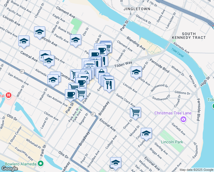 map of restaurants, bars, coffee shops, grocery stores, and more near 2514 Santa Clara Avenue in Alameda