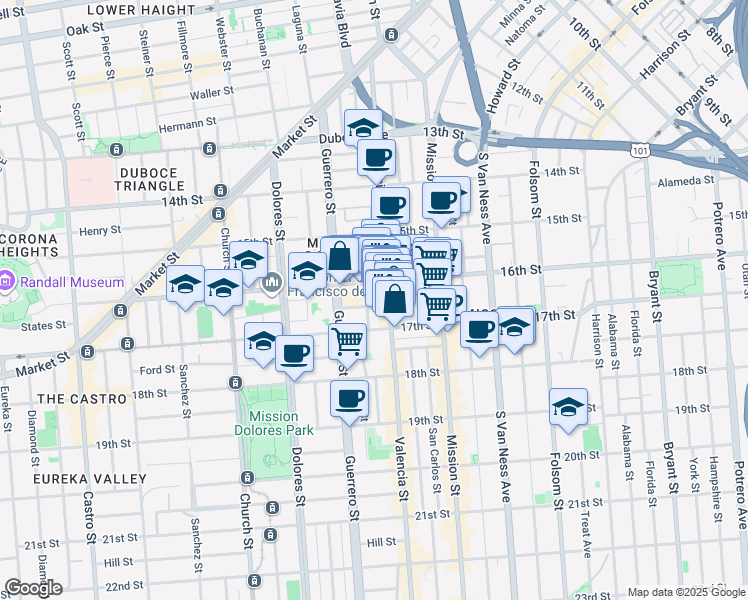 map of restaurants, bars, coffee shops, grocery stores, and more near 135 Albion Street in San Francisco